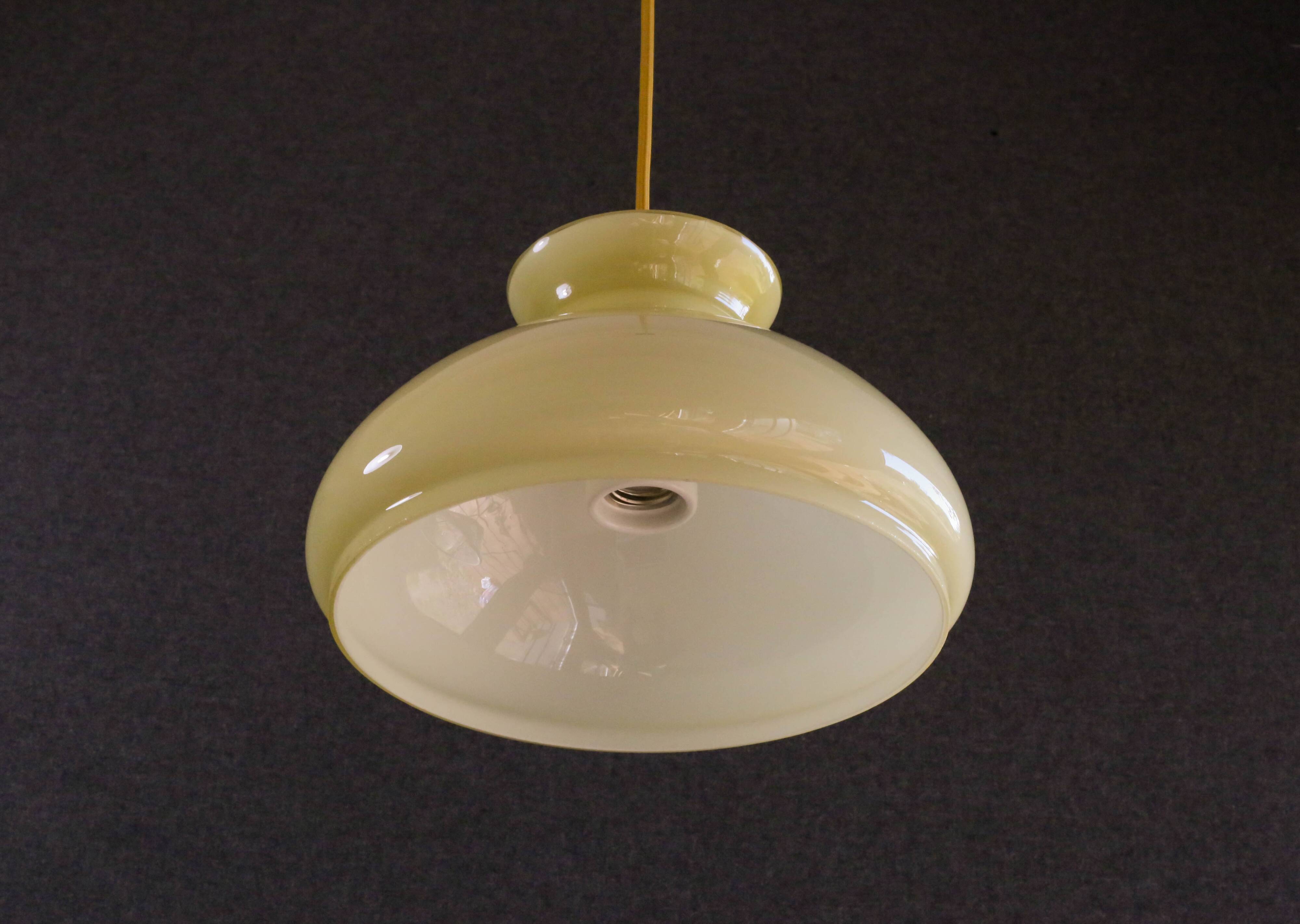 Old pendant light in pale young glass - mounted with cable and new socket