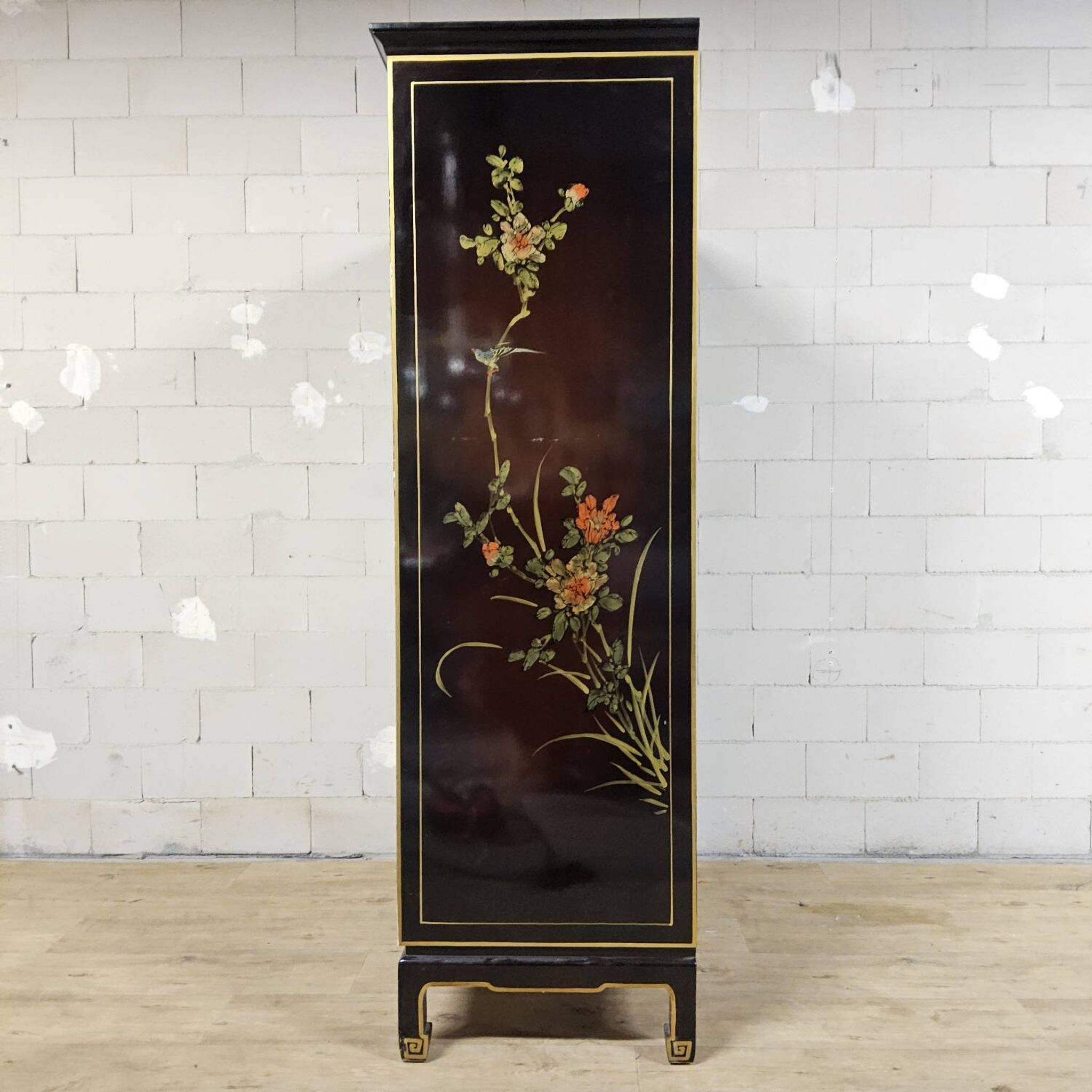 Vintage red / gold Chinese lacquer cabinet with flowers and birds