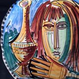 Cubist decorative plate, girl with pitcher, signed Savioli