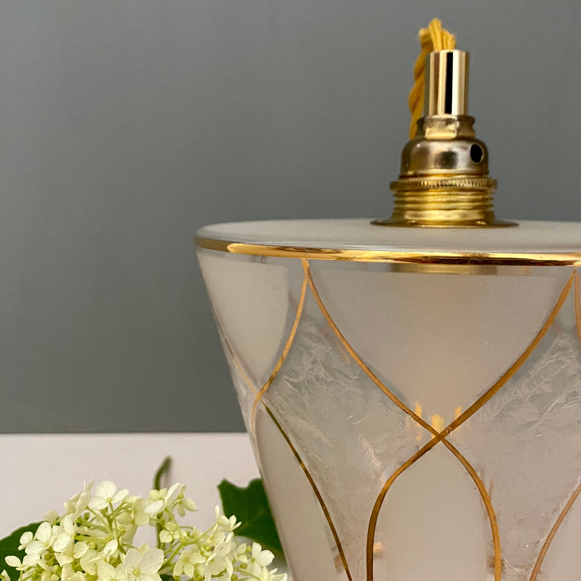 Vintage art deco tulip walker in white and golden frosted glass