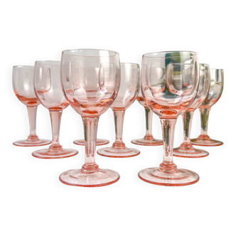 9 vintage white wine glasses in faceted pink glass – 1950s
