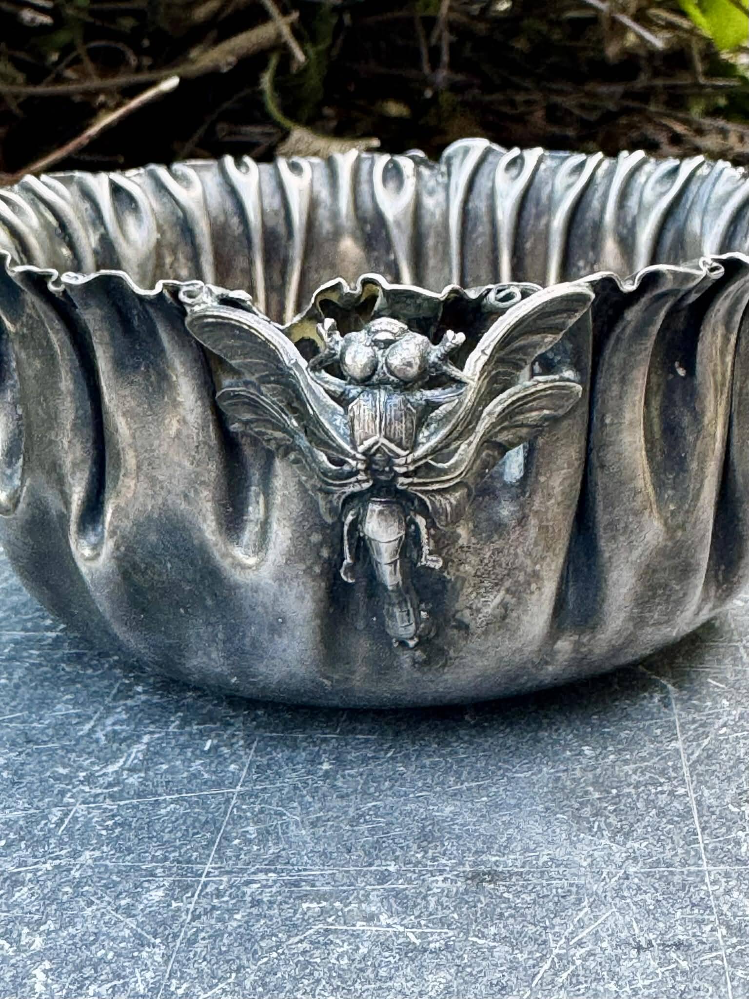 Silver fruit bowl with dragonflies Art Nouveau
