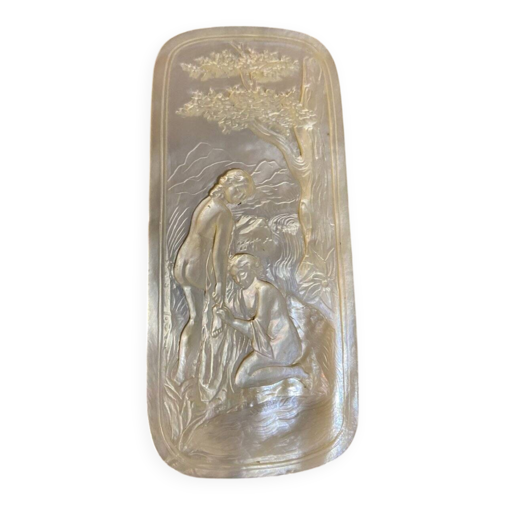 Mother-of-pearl carved plaque, two young girls bathing