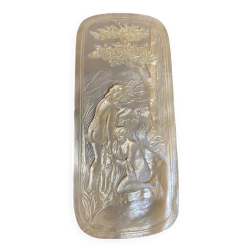Mother-of-pearl carved plaque, two young girls bathing