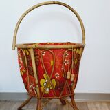 Knitting worker basket basket with rattan and fabric 70s