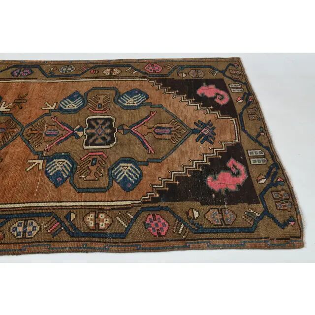 Vintage Turkish Oushak Handmade Wool Cotton Brown Runner Rug 128296