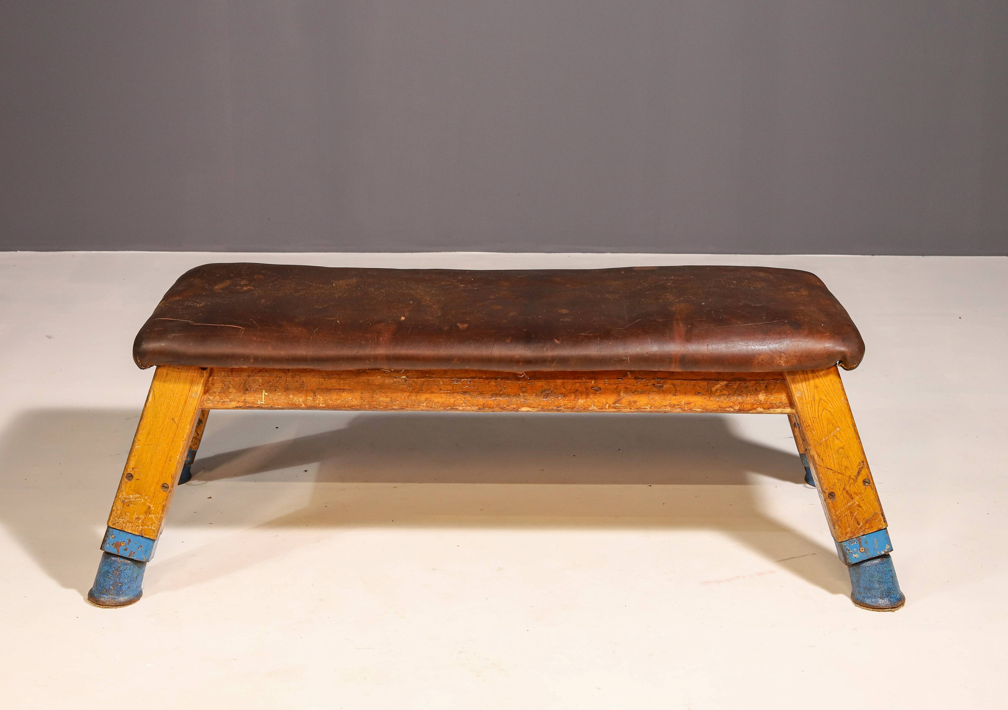 Authentic industrial leather Gym bench, 1950s, Czechoslovakia