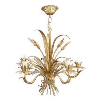 Chandelier dorée aux épis de blé, Hollywood Regency, circa 1960