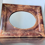 Antique leather framed mirror with gildings 30 cm x  24 cm