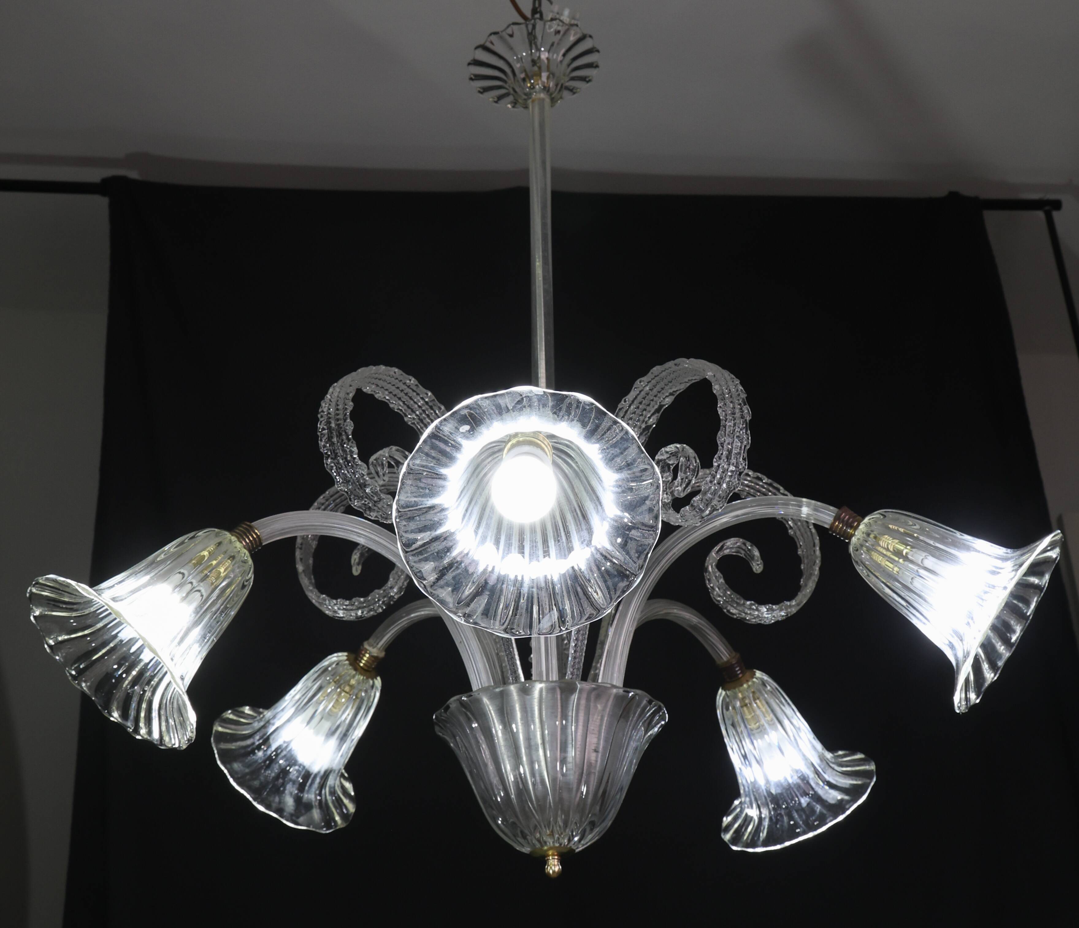 Amazing Art Decò Murano Glass Chandelier 5 Light, 1950