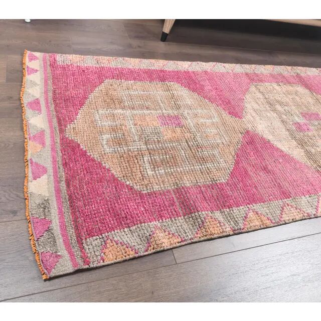 Vintage pink geometric Turkish hand-knotted runner 92x356