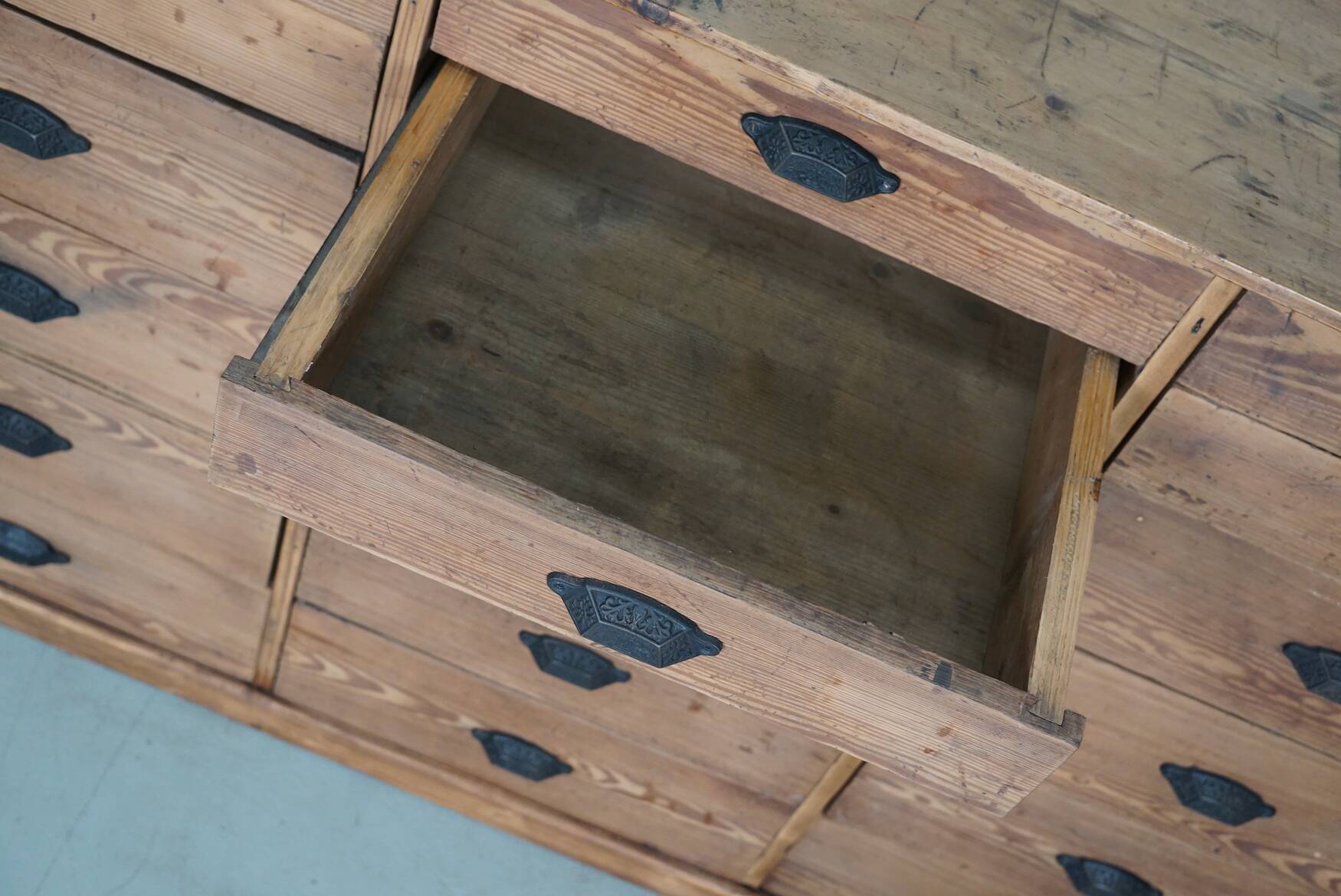 Antique Rustic German Pine Apothecary Cabinet / Bank of Drawers, 1900s