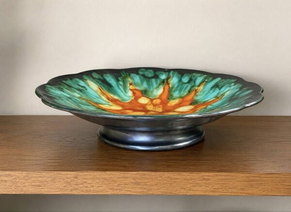 Grande coupe sur piédouche Longwy « Jaspe » – Ø 36 cm – Très bel état