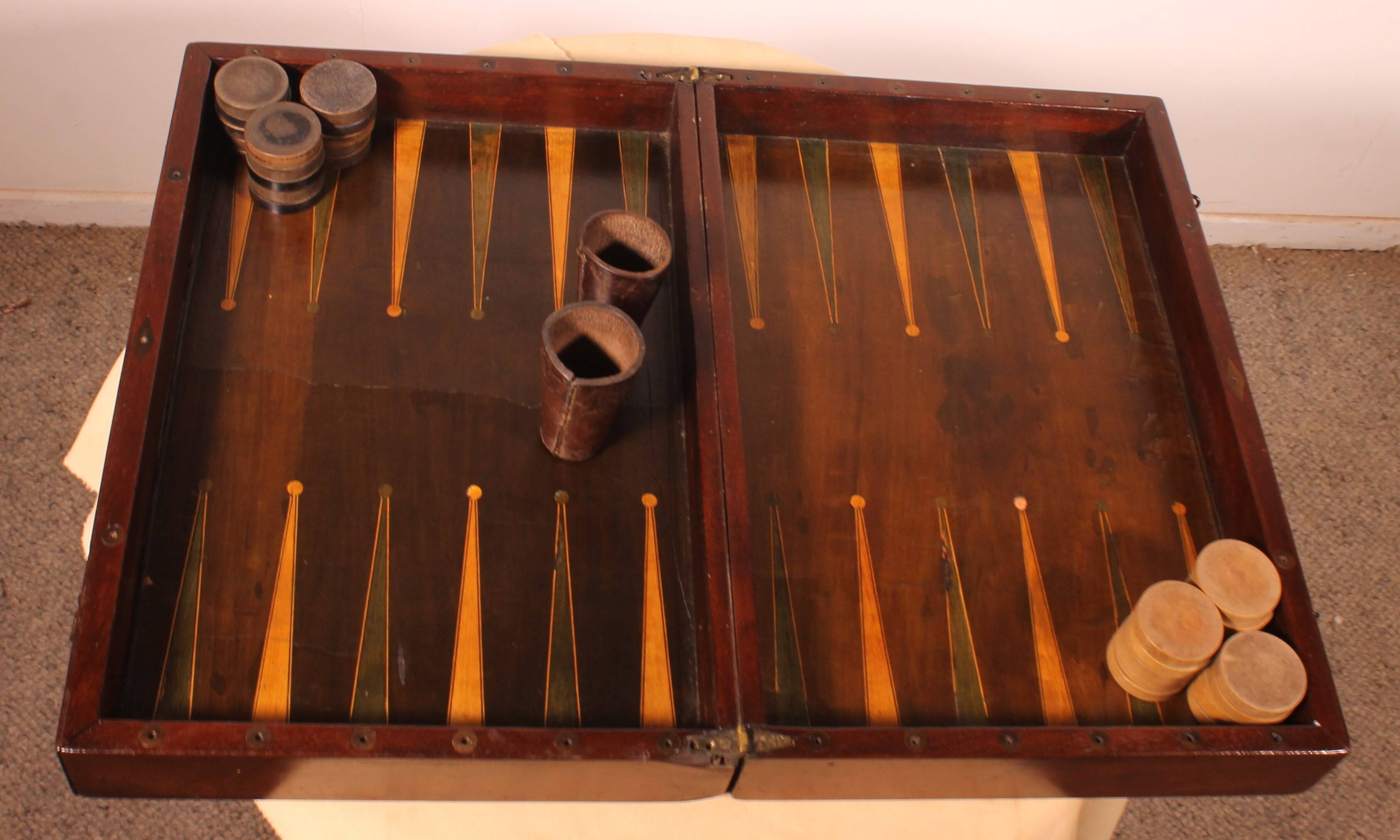 19th century games box in walnut and boxwood