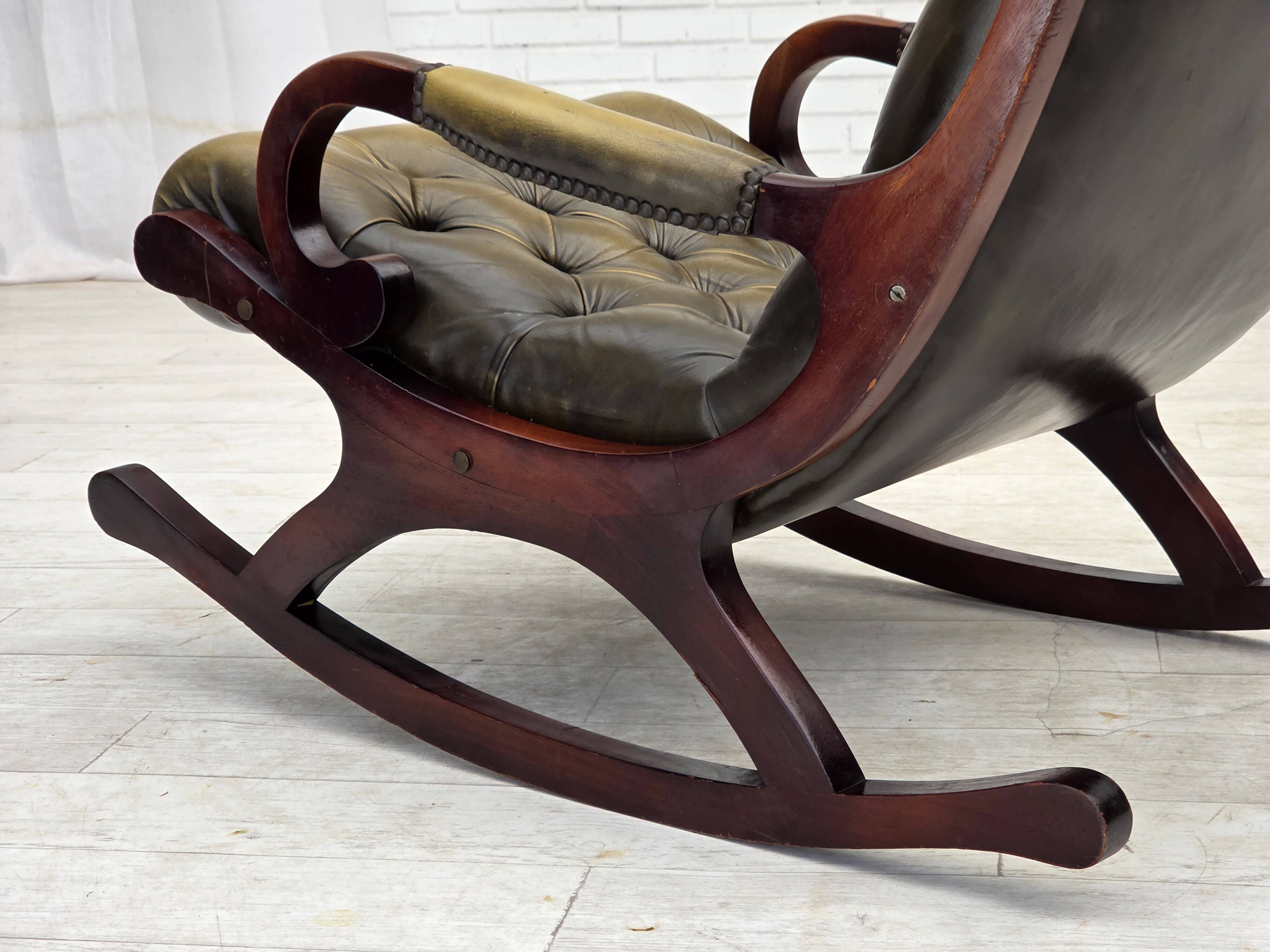1950s, Chesterfield rocking chair, furniture leather, teak wood.