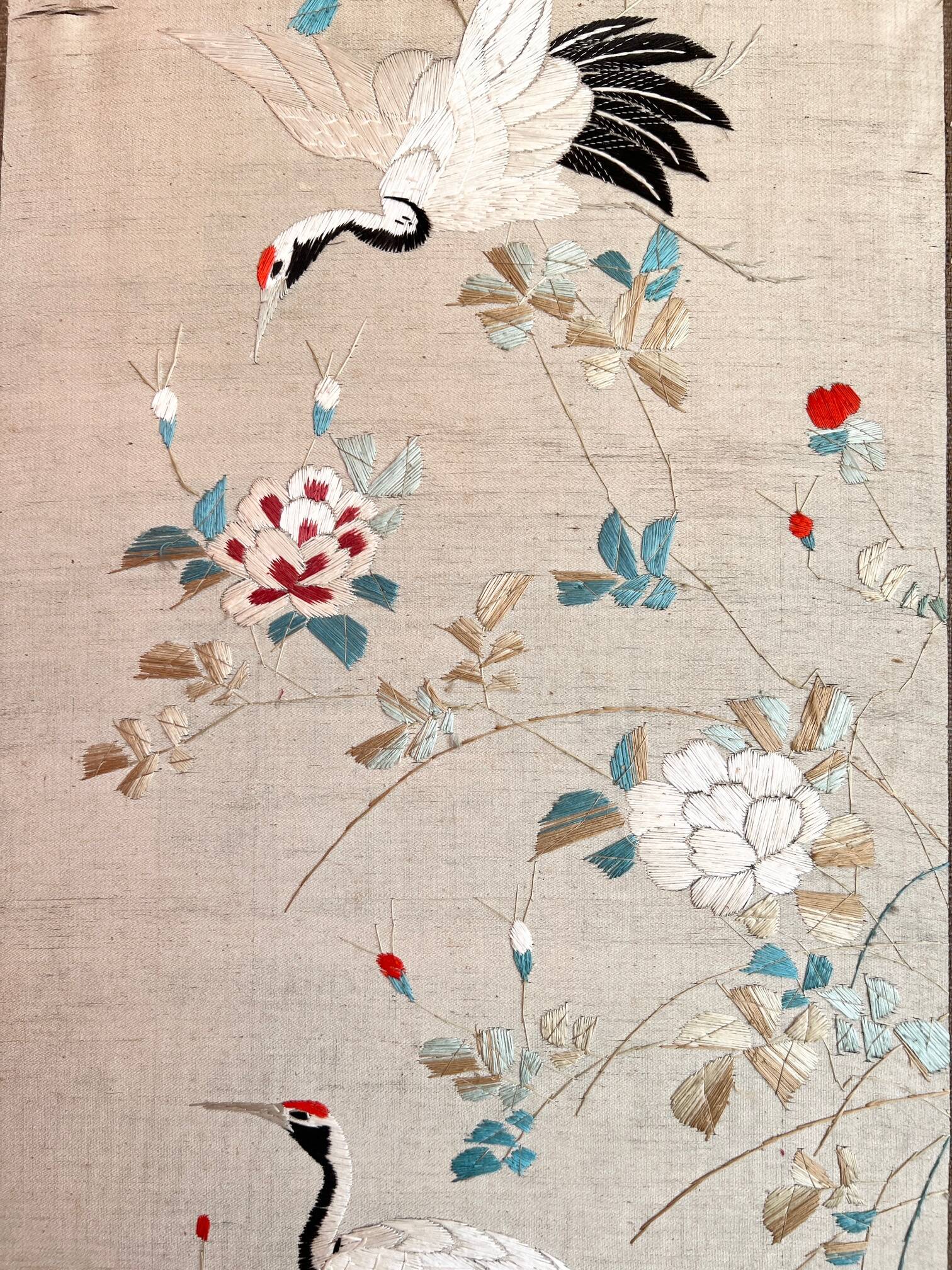 4-panel Japanese screen, 19th century, bird silk embroidery