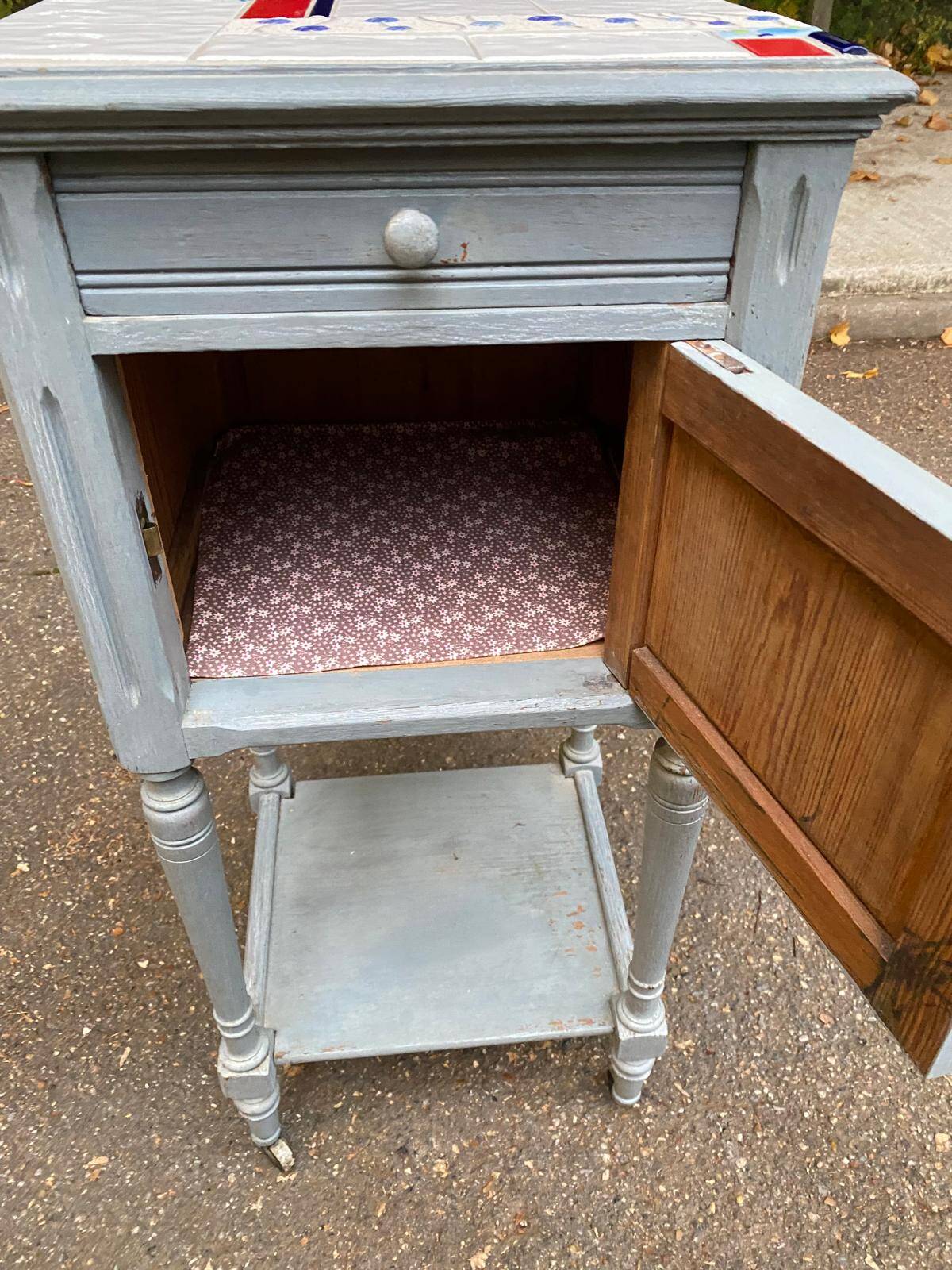 Henri II bedside table in solid grey wood and marble