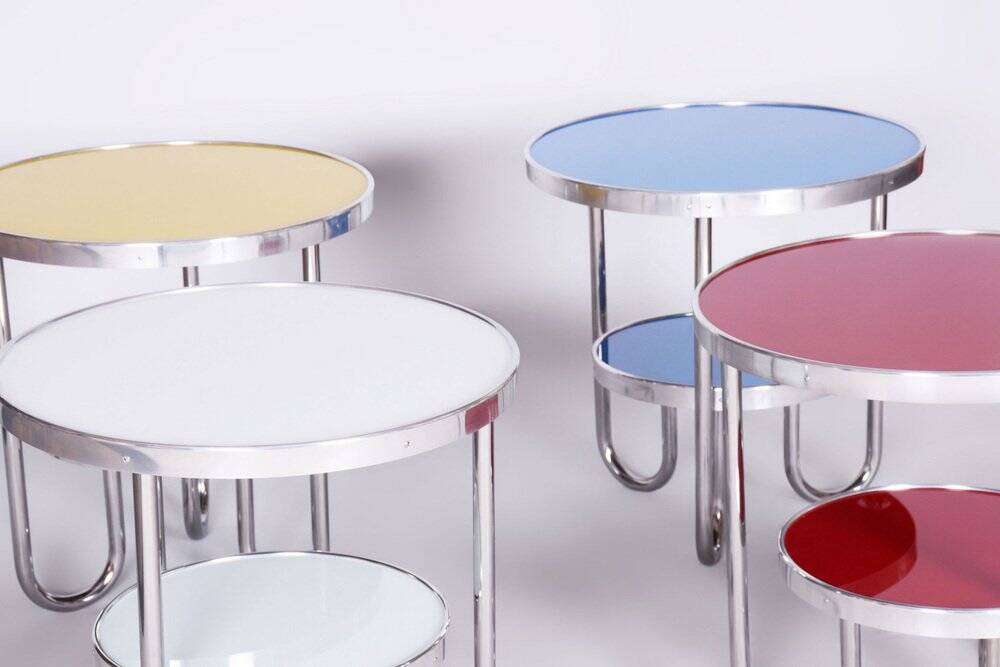Small Czech Blue Bauhaus Table in Chrome from Kovona, 1930s