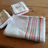 Nappe ancienne 1920/1930 lin beige losanges et rayures rouges et vertes + serviettes