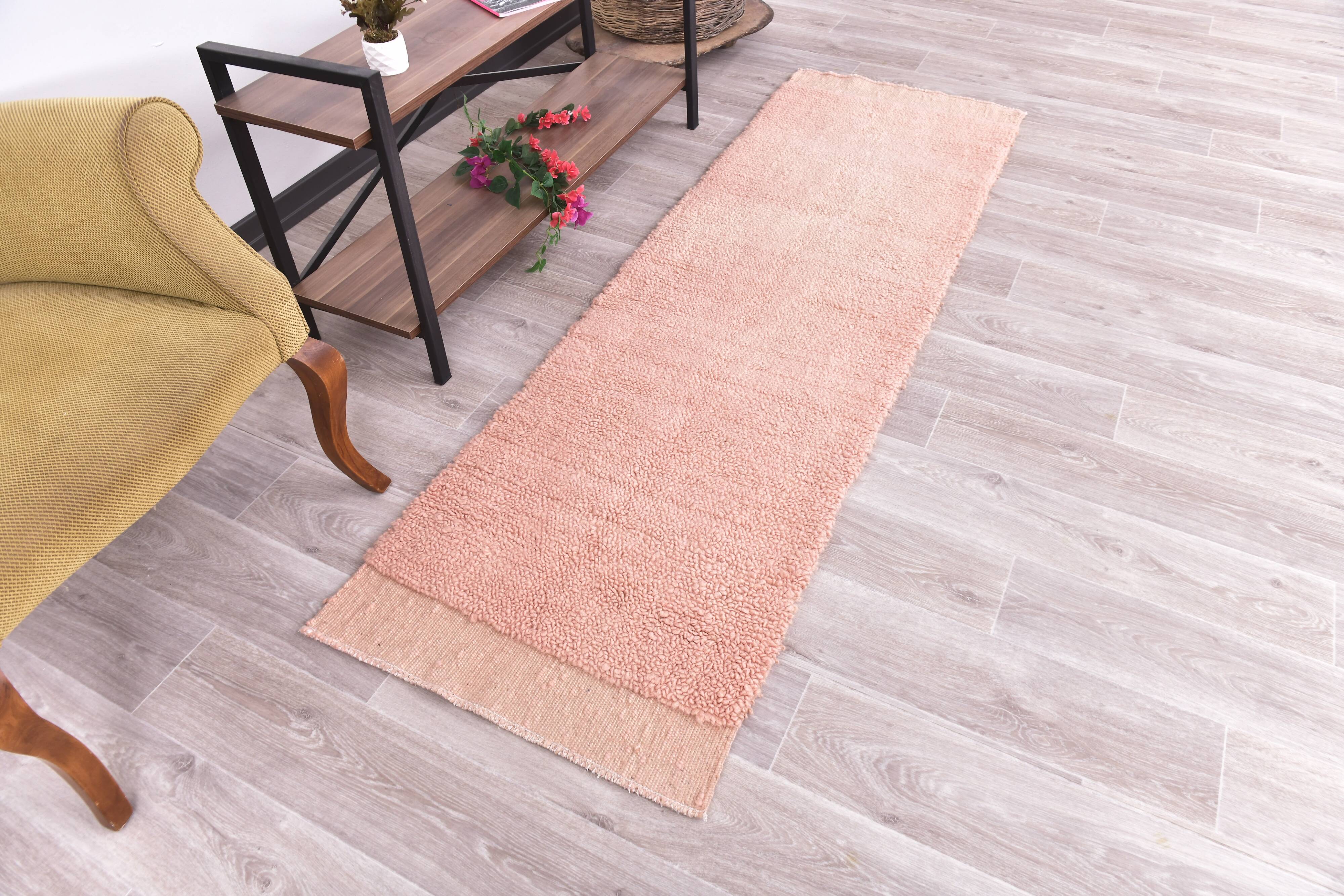 %100 Rose Pink Wool Vintage Runner Rug 67x215Cm