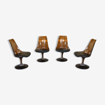 Four swivel chairs - metal base - smoked brown plexi shell - black skaï seat