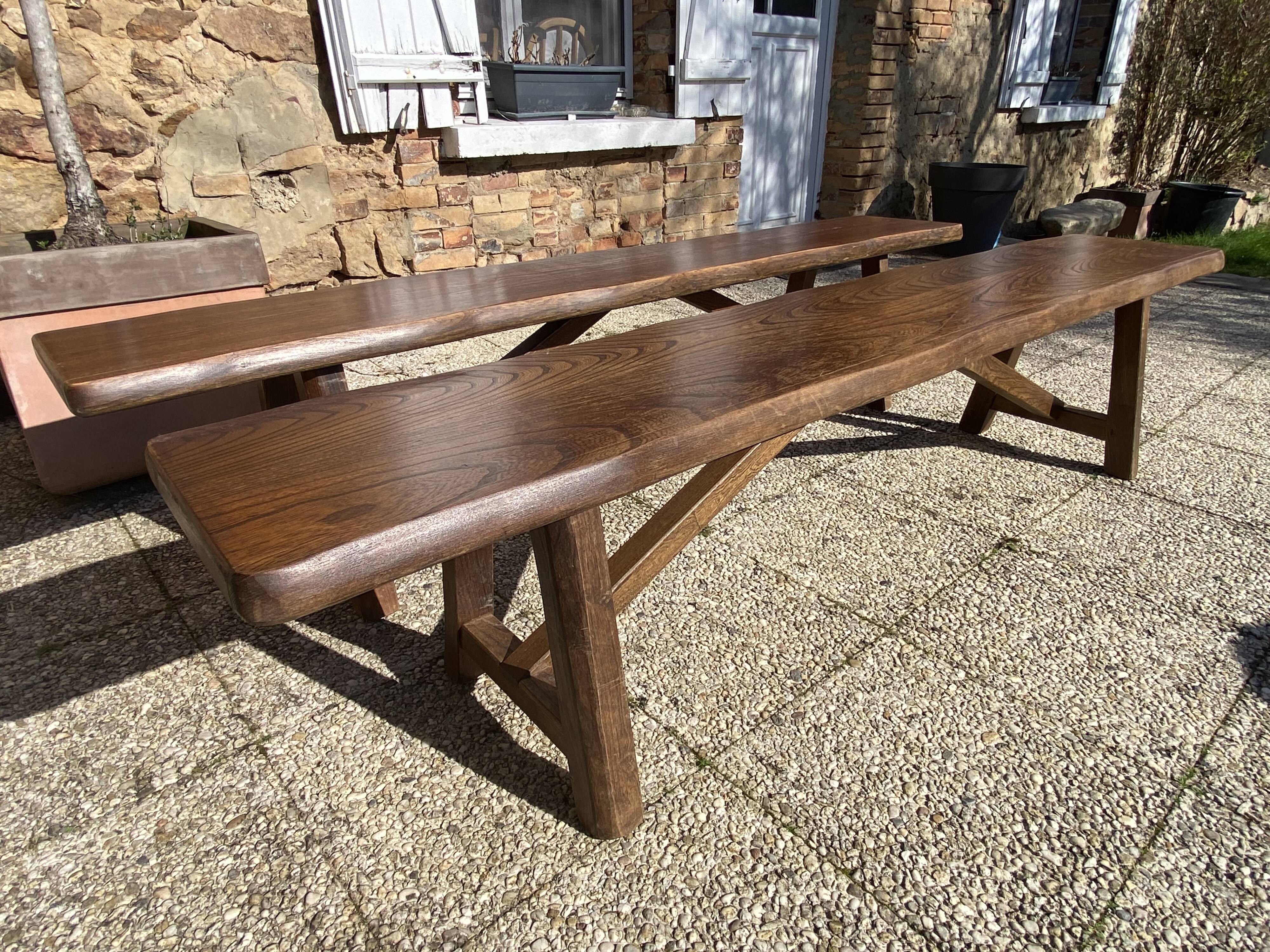 Paire de bancs orme pour table de ferme brutaliste rustique 1950