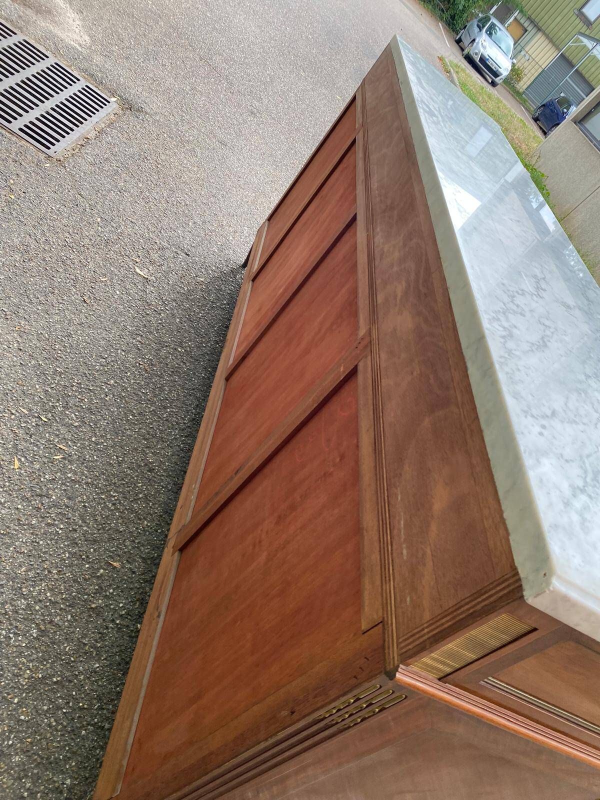 Louis XVI sideboard in solid mahogany with a white marble top, 222cm, 1950.