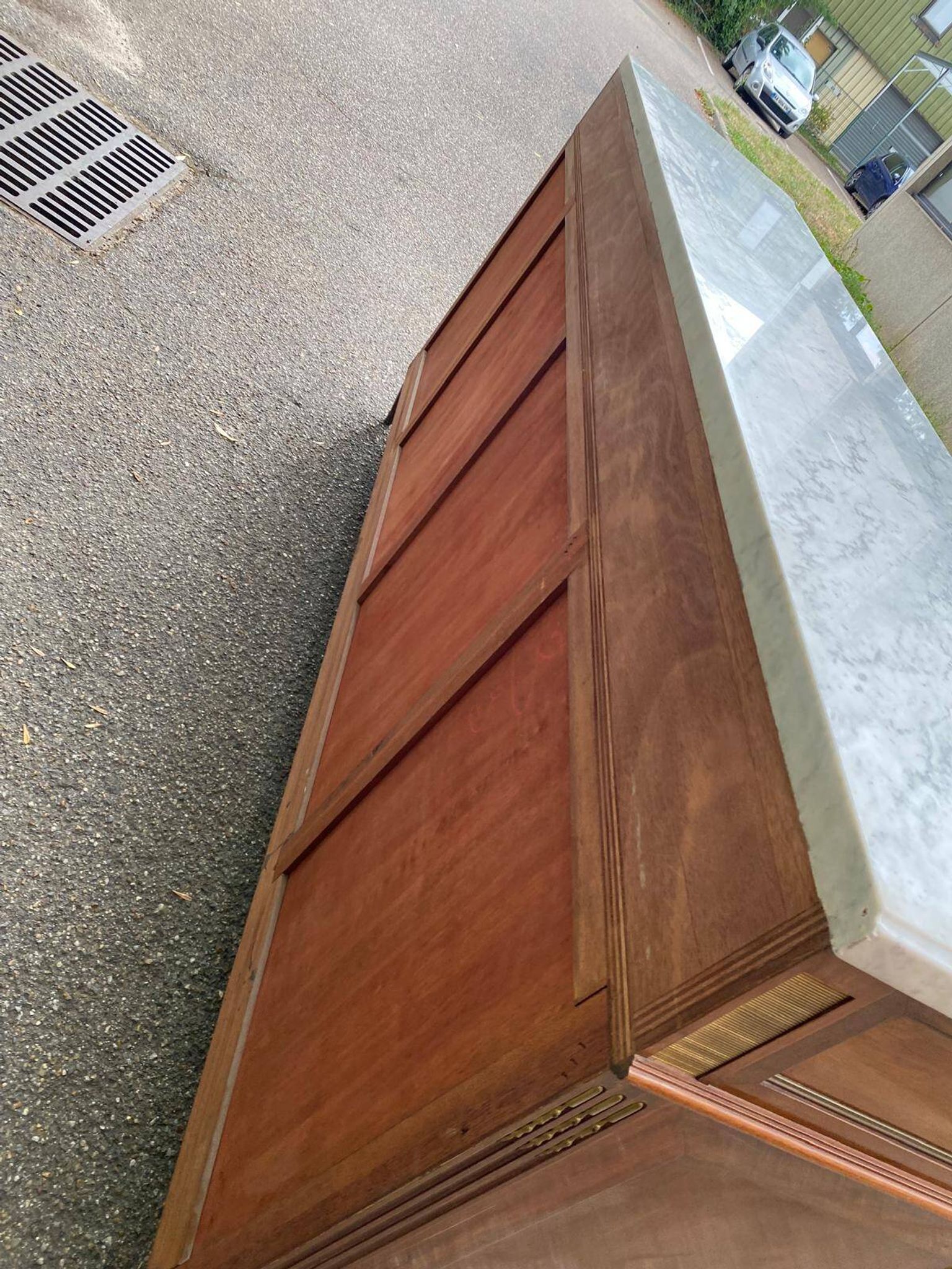 Louis XVI sideboard in solid mahogany with a white marble top, 222cm, 1950.