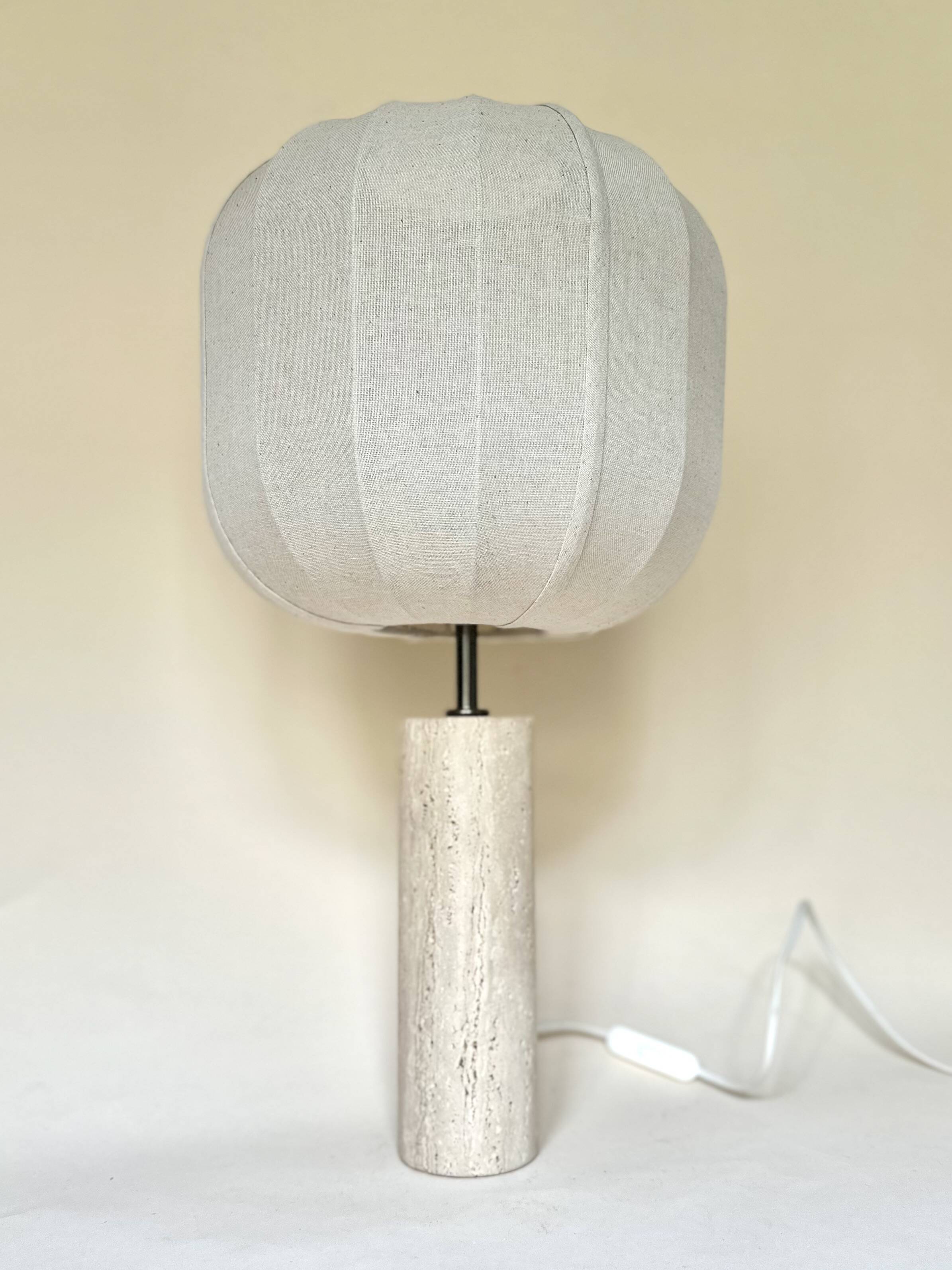 Travertine lamp with round linen shade