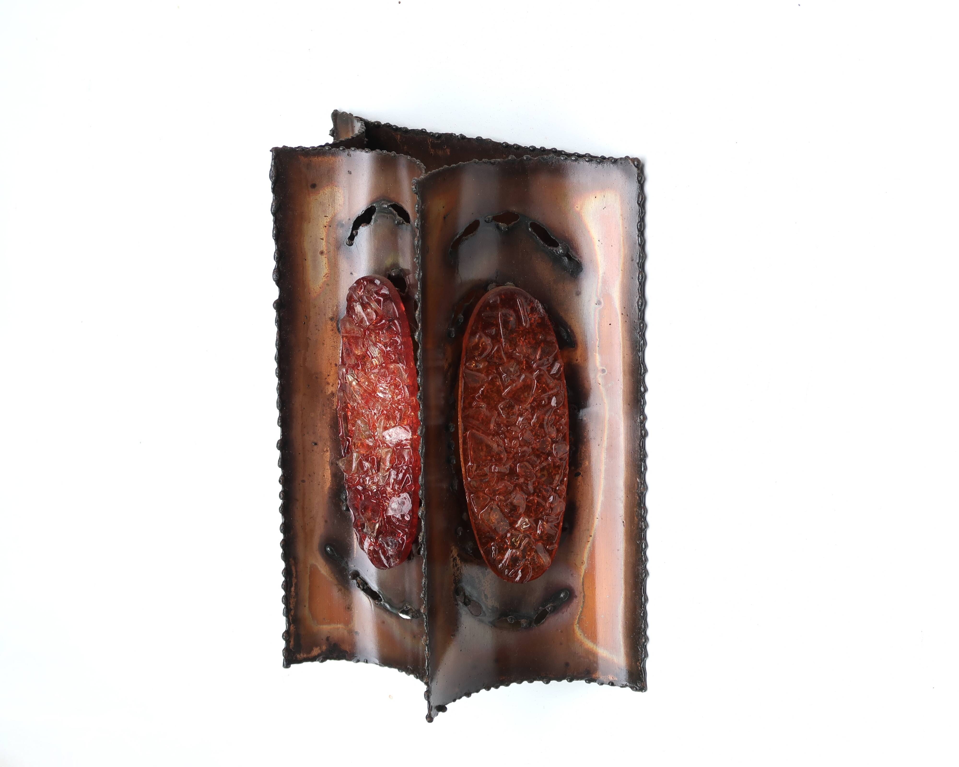 Pair of brutalist Accolay wall lights in copper and resin, 1960s