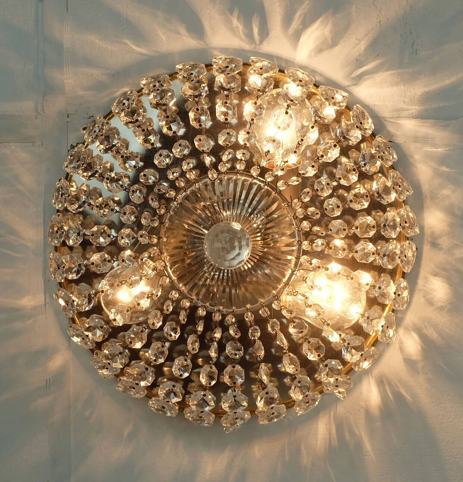 Crystal glass ceiling light plafoniere brass metal 60s hollywood regency style