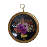 Cadre verre bombé fleurs séchées vintage