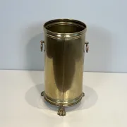 Cylindrical Brass Umbrella Stand with Ring Handles and Claw Feet.