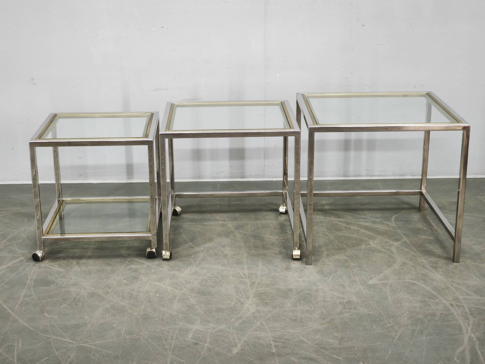 1970s Italian Chrome, Brass and Glass Nesting Tables, Set of Three