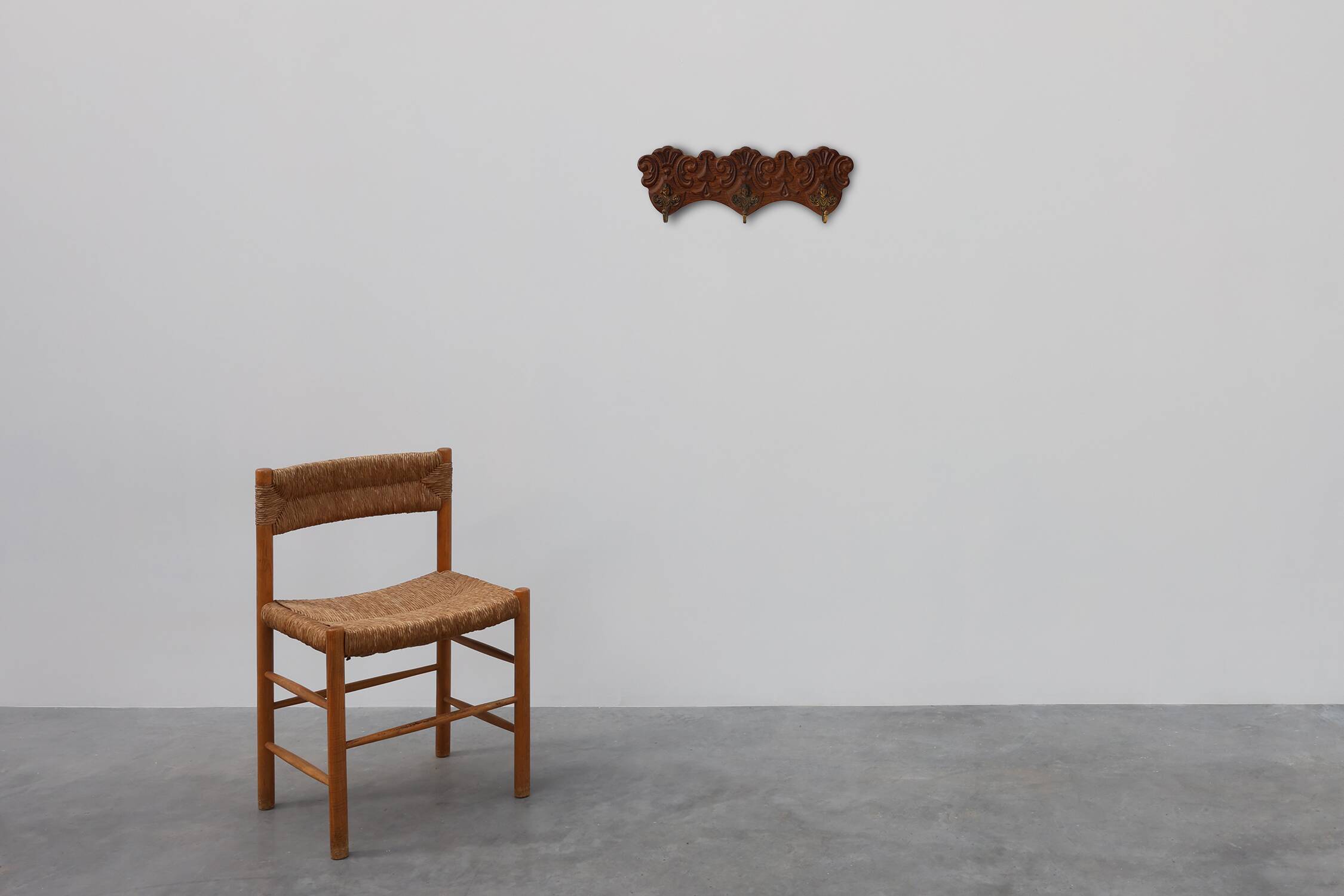 Antique Carved oak Wall mount coat rack with 3 brass angel hooks, France