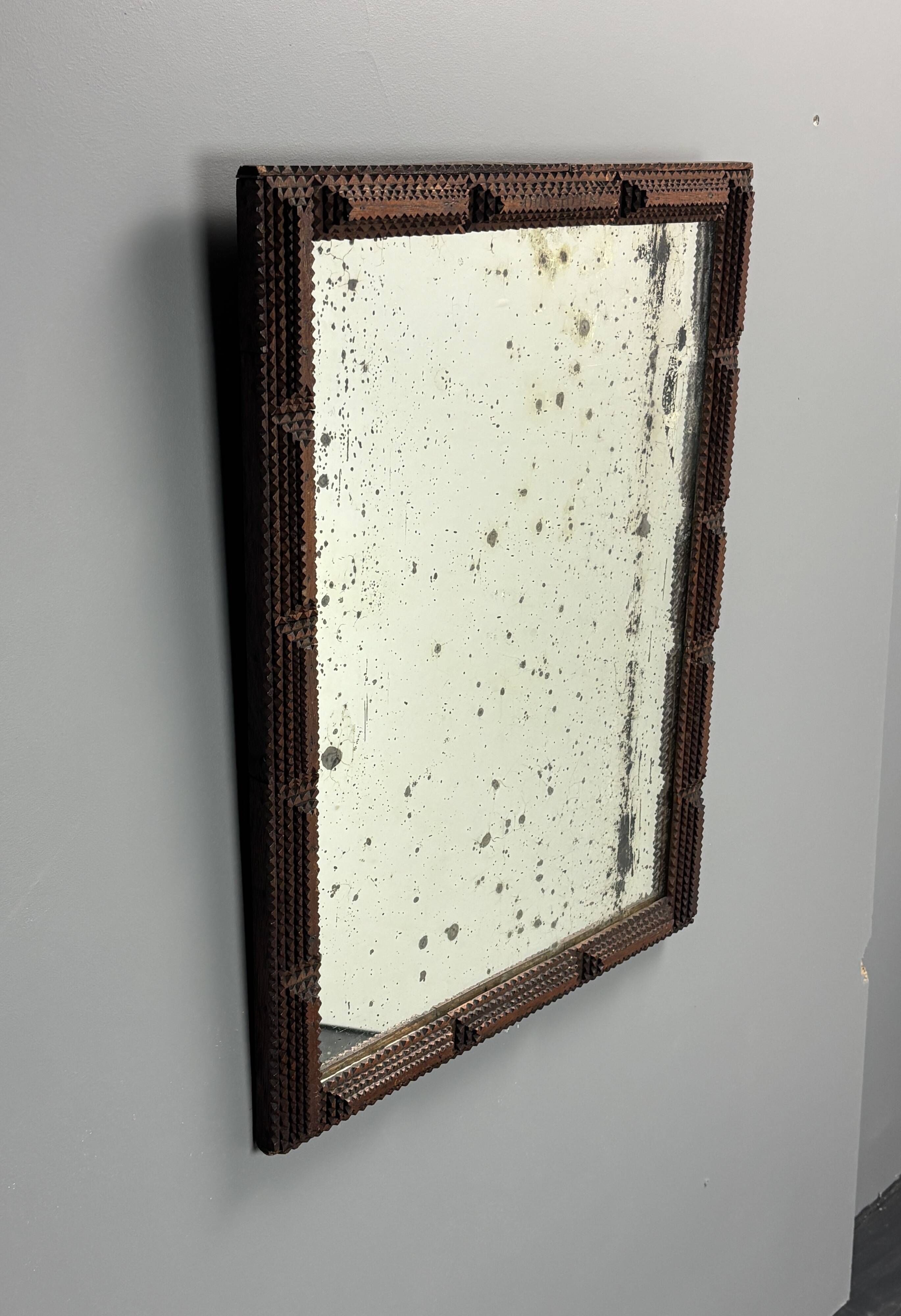 Antique tramp art folk art distressed mirror, Belgium ca 1900s