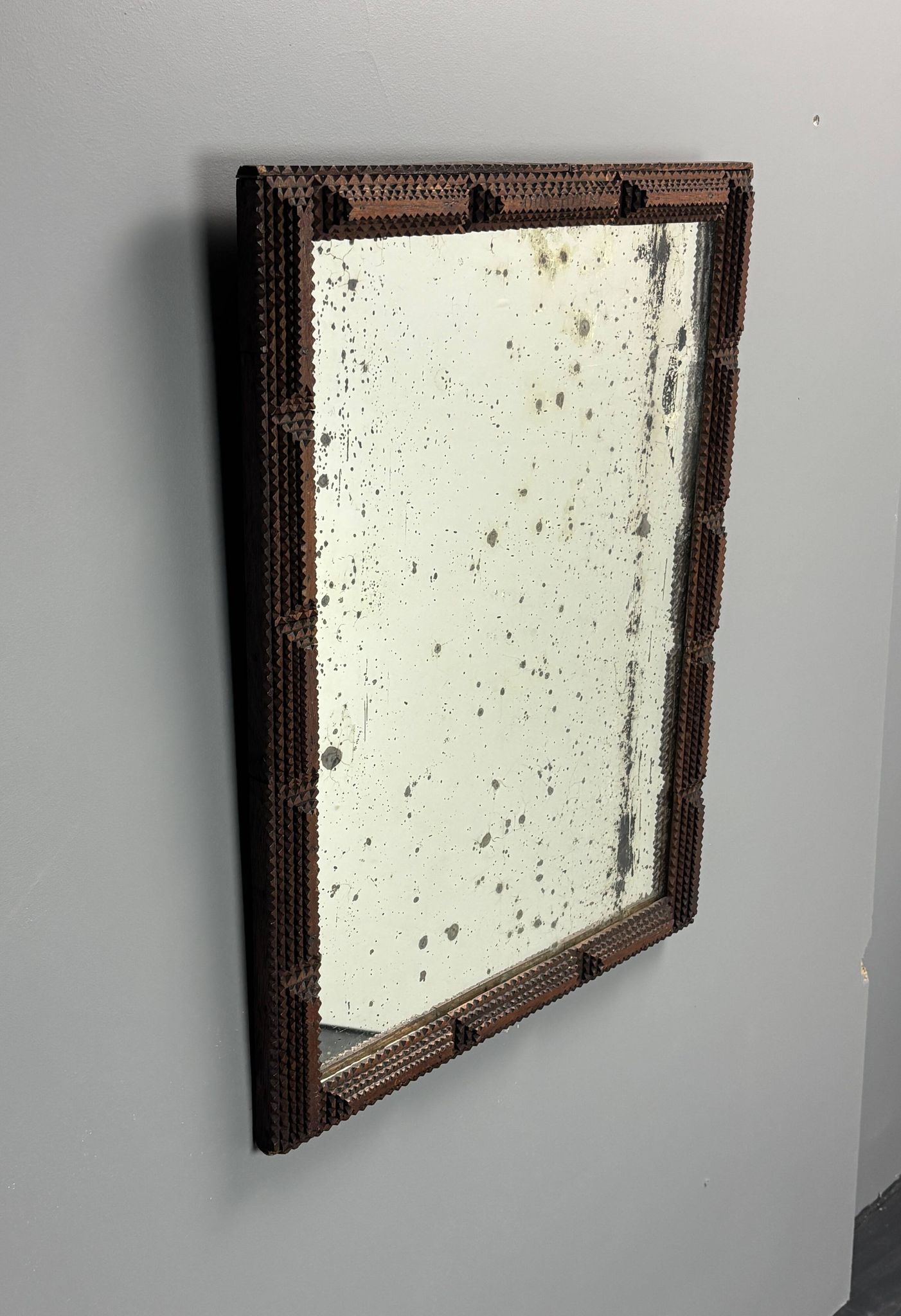 Antique tramp art folk art distressed mirror, Belgium ca 1900s