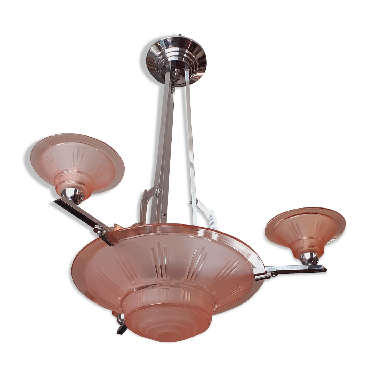 Lustre 1930 art déco en bronze chromé et verrerie moulée
