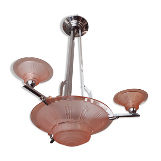 1930 art deco chandelier in chrome bronze and molded glassware