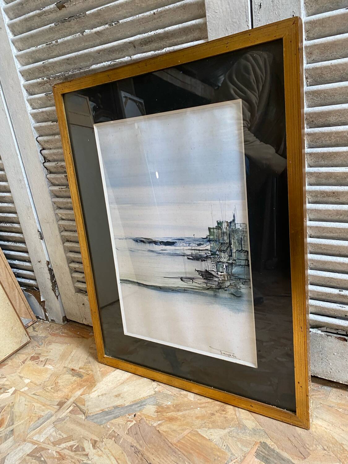 Old ink painting seaside view signed + golden wood frame