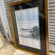 Old ink painting seaside view signed + golden wood frame