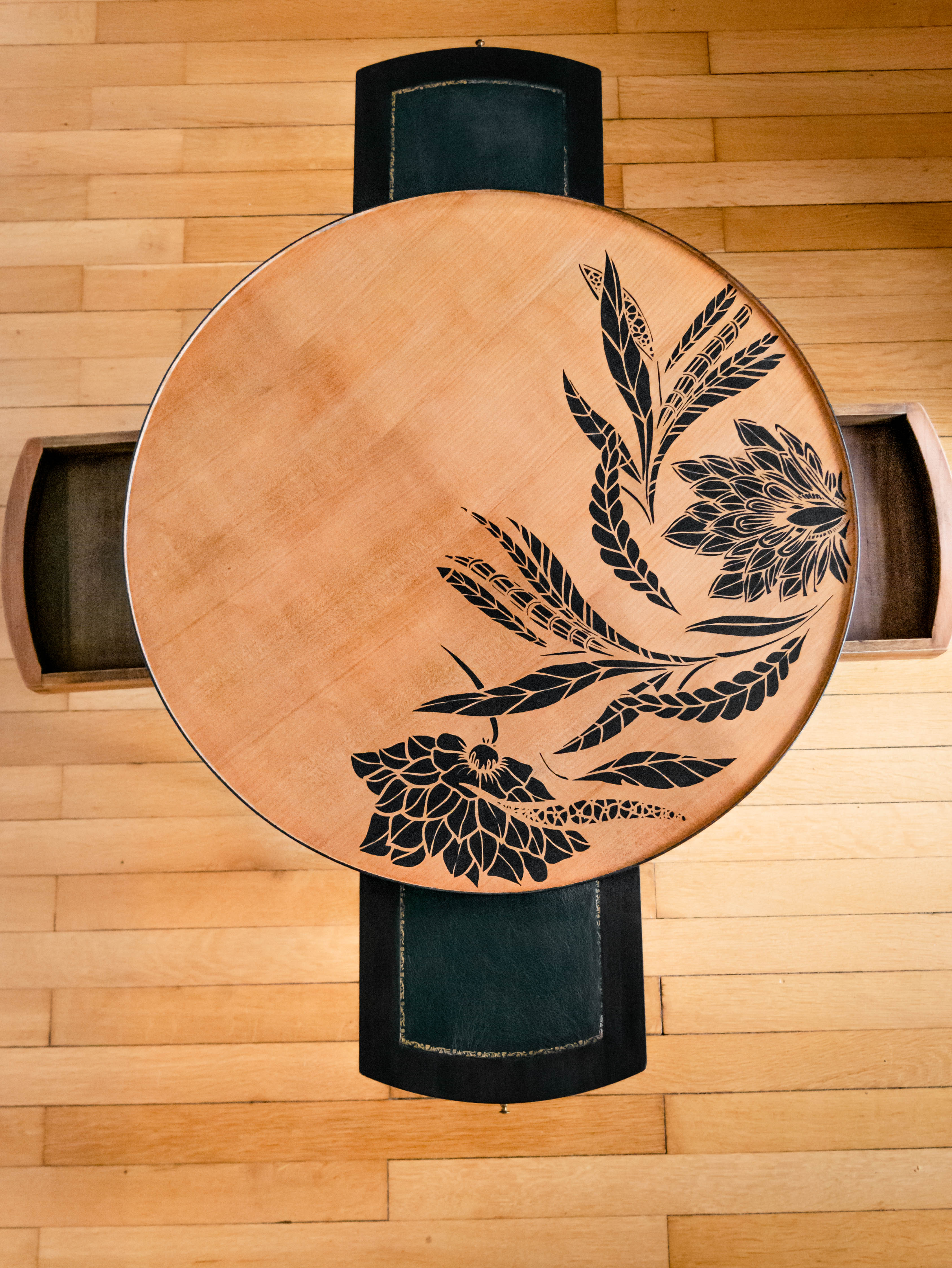 Round wooden hot water bottle coffee table