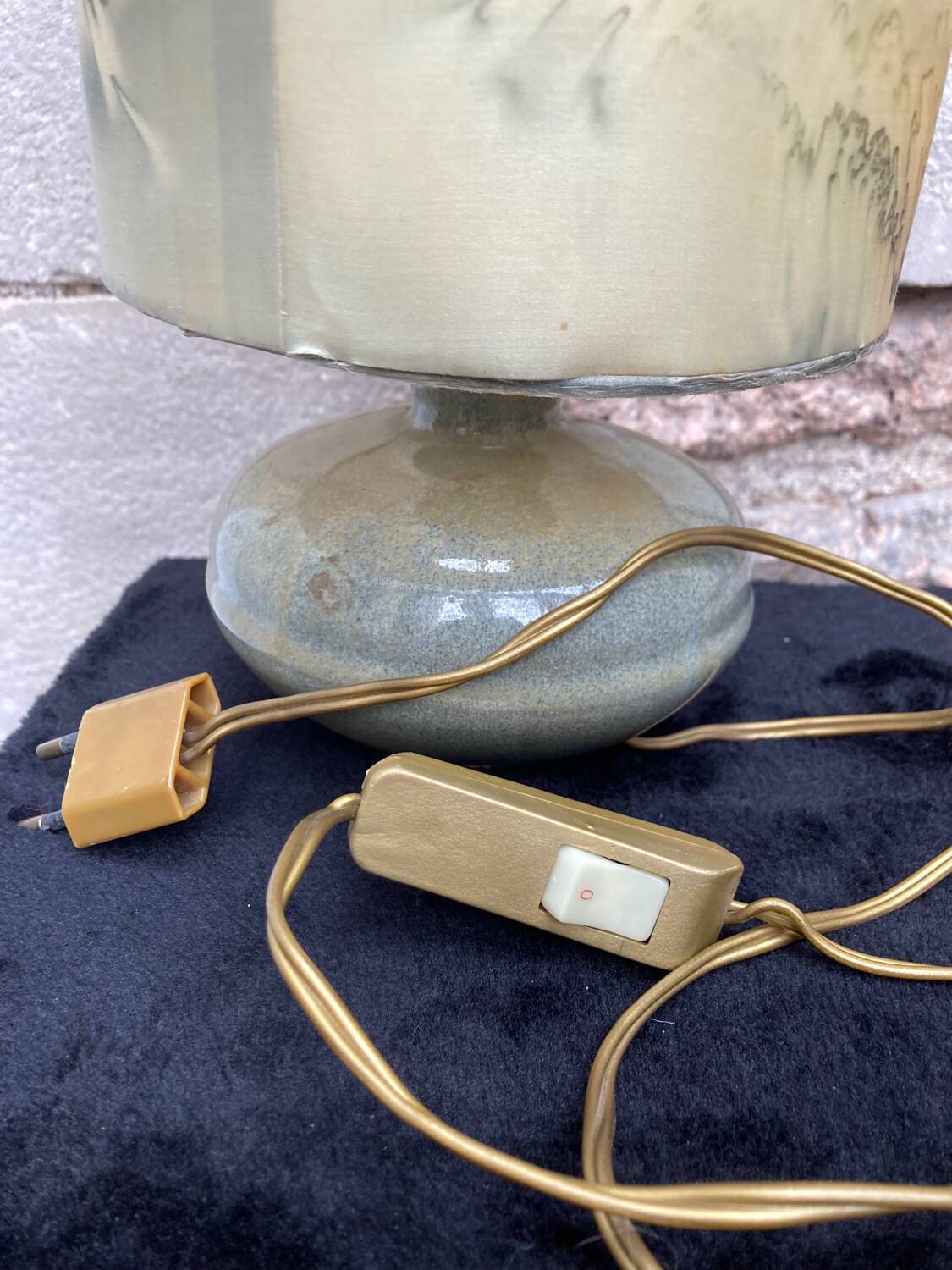 Vintage enamelled stoneware lamp with silk lampshade