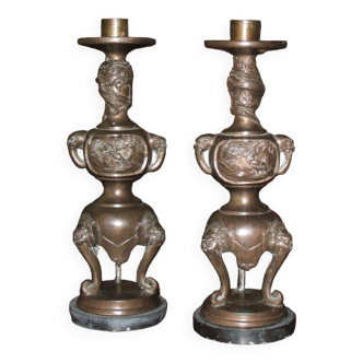 Pair of Bronze Candlesticks on Marble Base. Japan, Meiji period 1868-1912.