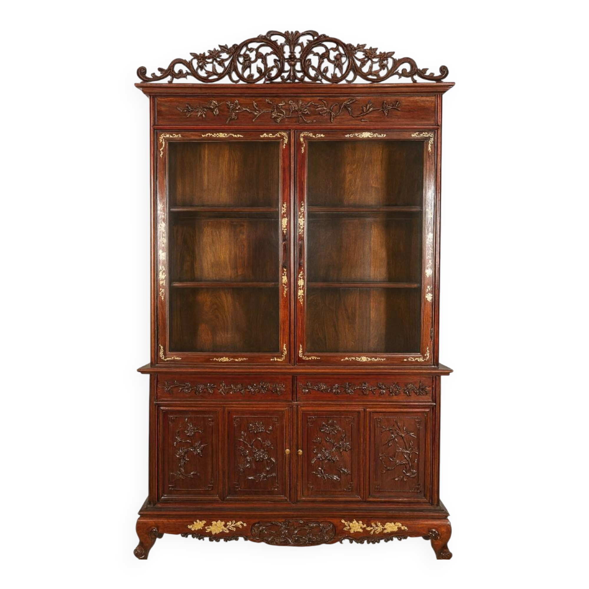 Asia 19th century: Ancient lacquer library, richly carved and decorated.