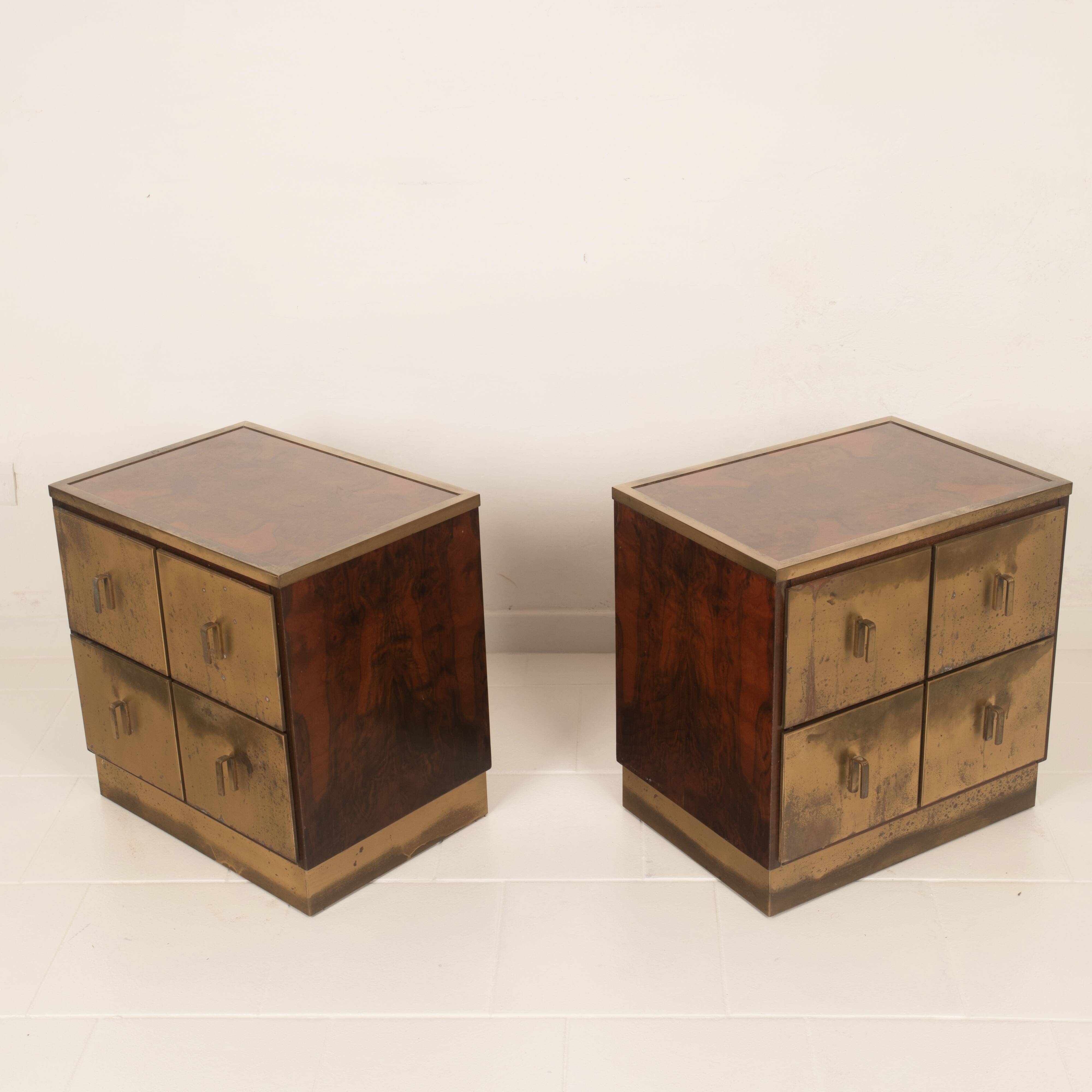 Aldo Frigerio Italian Walnut Burl and Gold-Laminated Brass Bagdad Nightstands