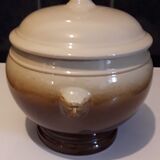 Large covered two-tone ceramic soup bowl with "lion's head" handles