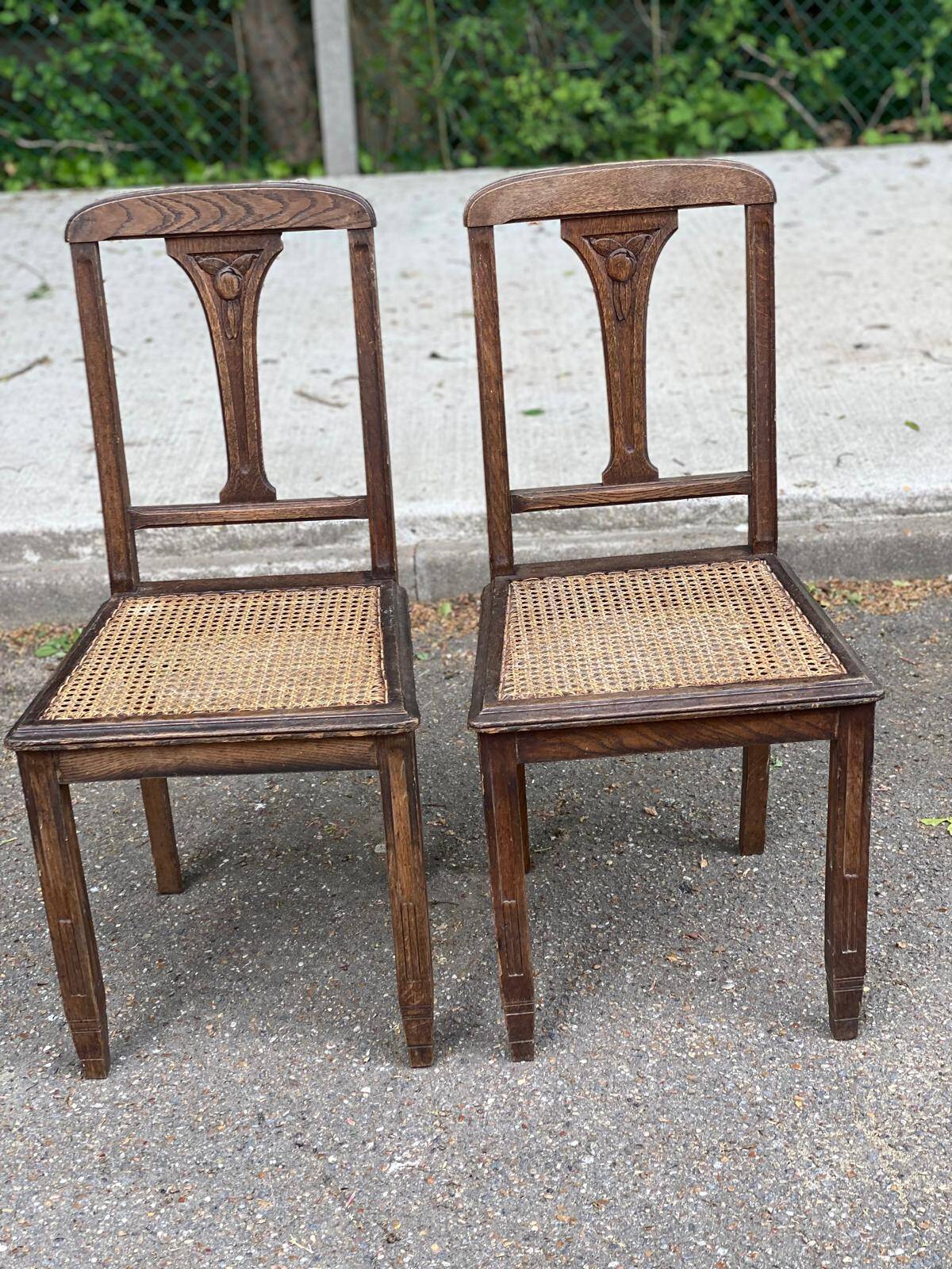 2 solid wood caned art deco dining room chairs