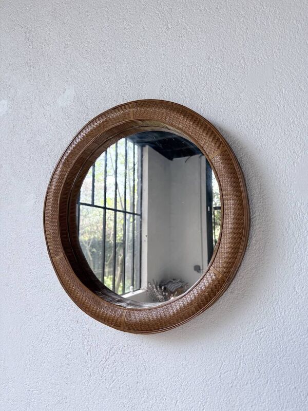 Miroir rond osier tressé 1960