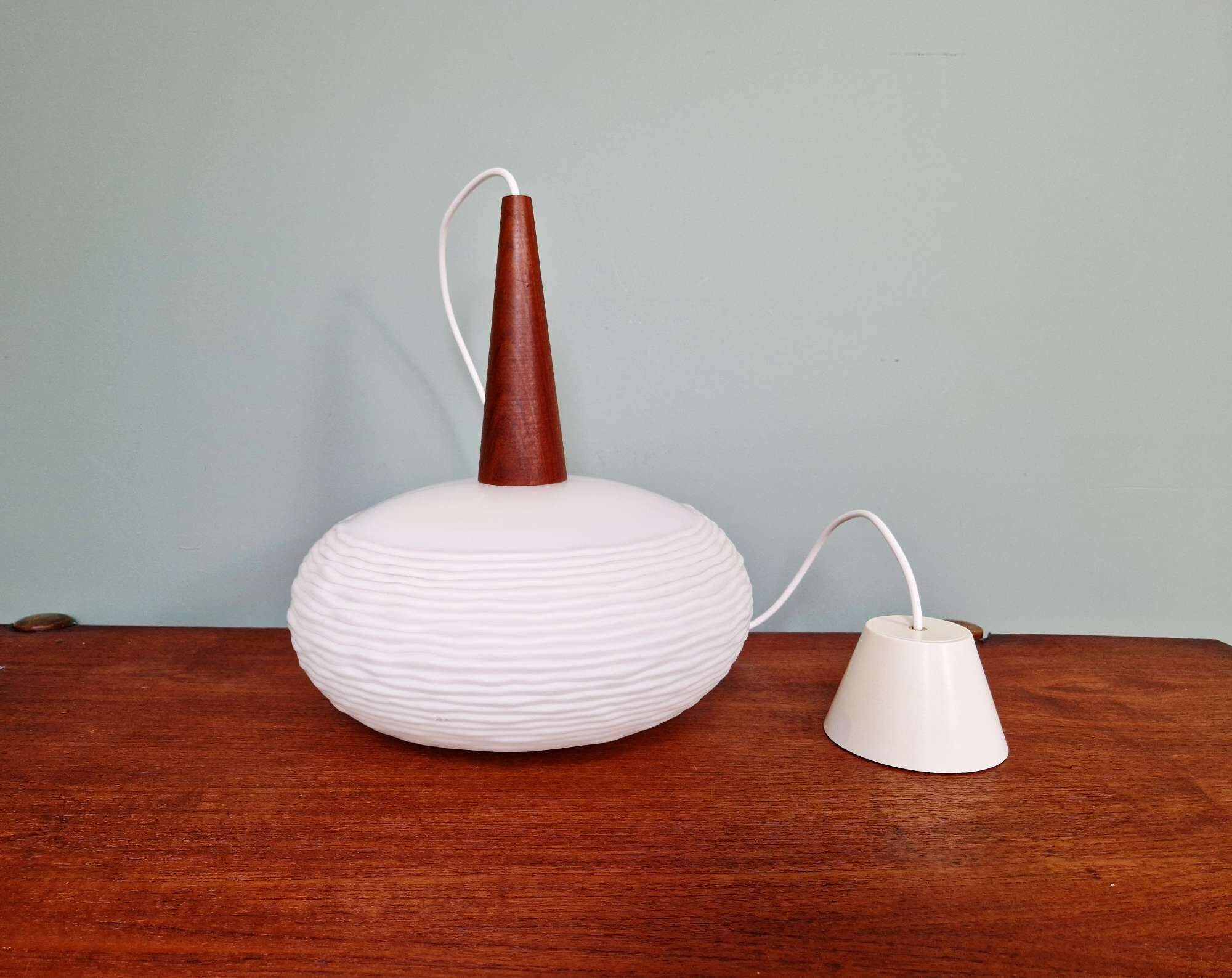 White opaline and teak pendant light, Scandinavian style, 1960s
